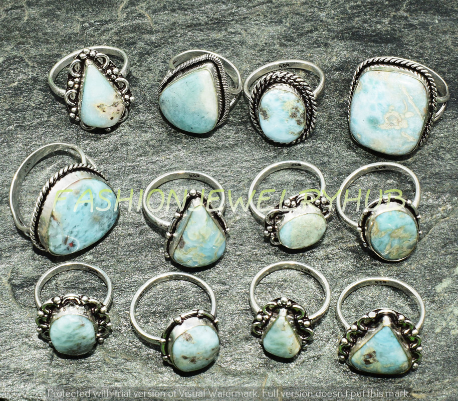 Lotes de 10 anillos para mujer Larimar de piedras preciosas étnicas hechas a mano FR-3069