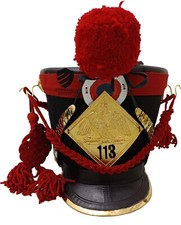 French Napoleonic Military Shako Helmet With Red Pom Pom & 113 No. Brass Plate
