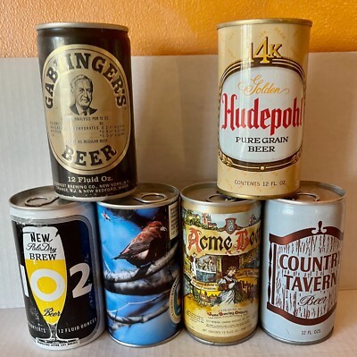 6 Vintage Beer Cans Steel & Aluminum Bottom Opened US & Japan & Early Alum (B2)