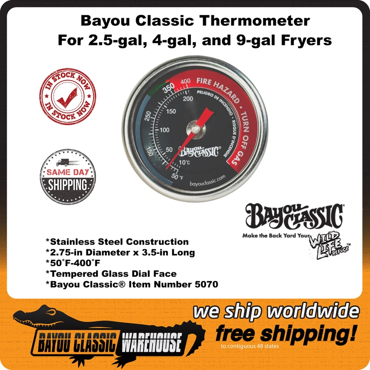 Bayou Classic Termometro Per Alimenti In Acciaio Inox – Asta Lunga 30,5 Cm, Ideale Per Friggere Tacchino E Oliere
