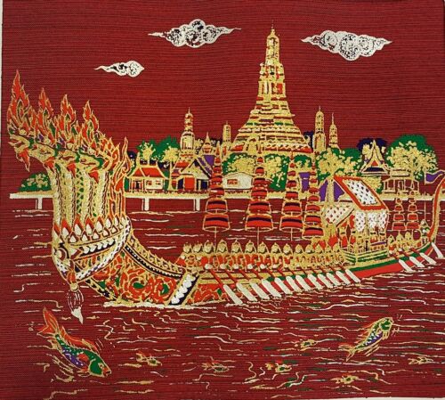 Thai Art Silk Painting the Royal Barge ANANTANAGARAJ Wat Arun Posters Home Decor - Picture 1 of 7