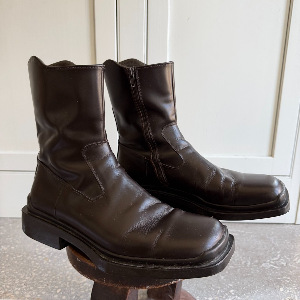 Prada FW1999 Black Leather Square Toe High Boots Archive Vibram