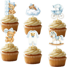 36Pcs Baby Boy Bear Cupcake Toppers, Blue Baby Boy Shower Cupcake Decorations wi