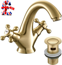 Victoria Golden Bathroom Sink Tap for Basin with Pop up Sink Plug Dual Cross Lev