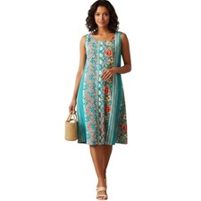 EVERLY Teal Floral Geometric Border Print Sleeveless Shift Dress Small DR6400