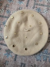 VINTAGE Beige 100 Lambswool Felt Beret Hat Women's Studded One Size Fall