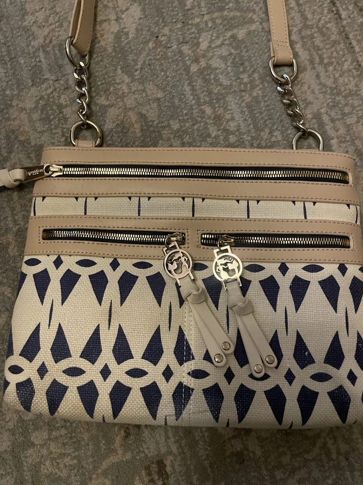 Spartina 449 Daufuskie Island 亚麻和皮革蓝色和奶油色斜挎包 — 第 2/4 张图片