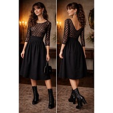 Boho Whimsigoth Fairy Eliza J Black PolkaDot Mesh VBack 3/4 Sleeve 14 MidiDress