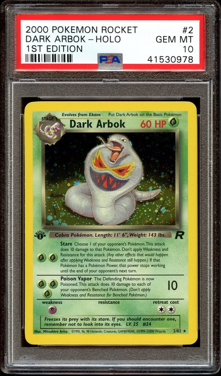 1995 dark arbok pokemon card value PSA 10 GEM MINT Dark Arbok 2/82 HOLO Team Rocket 1ST EDITION Pokemon Card