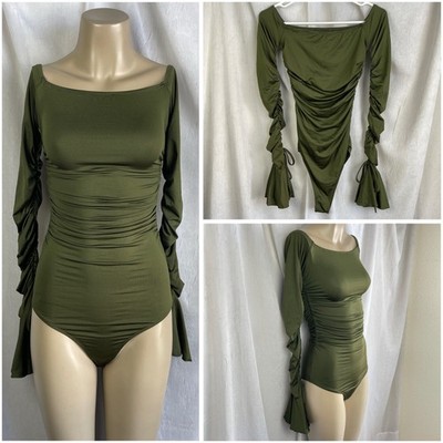 Shein SXY Olive Green Satin Bodysuit Off Shoulder Long Flared Sleeve Ruched S