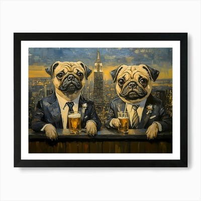 Gentleman Pugs At NYC Rooftop Bar 5 gerahmtes Wandbild Poster Leinwanddruck Bild