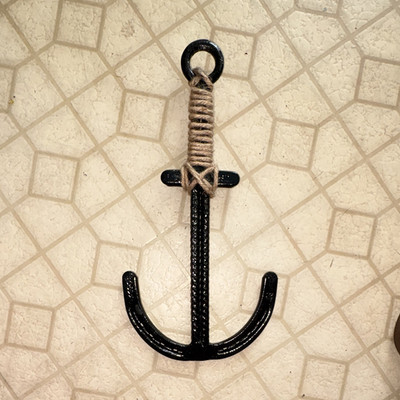 Nautical Anchor Wall-Mounted Decorative Double Hook, Black Metal & Rope Wrap