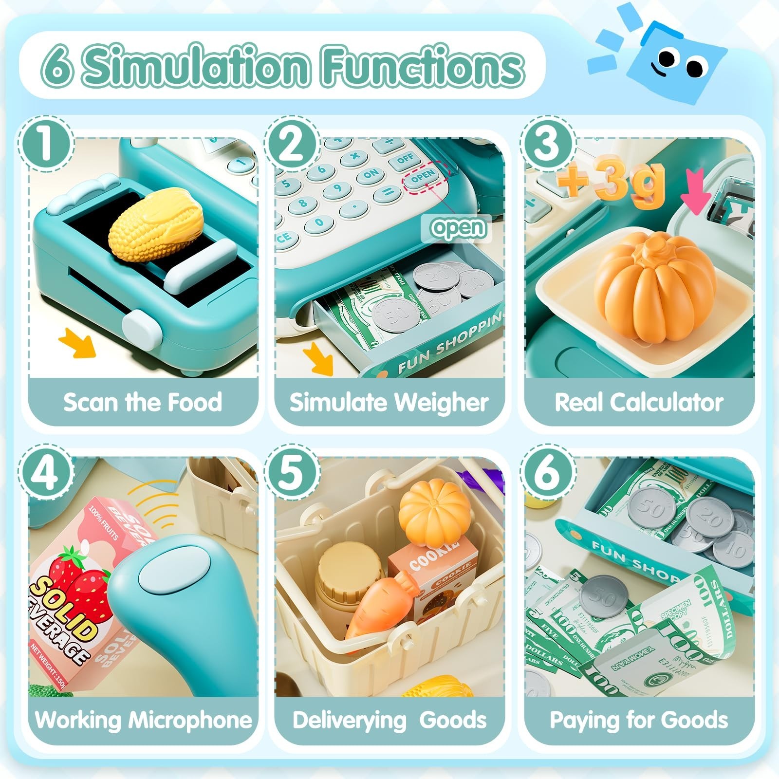 как выглядит 49Pcs Kids Cash Register Toy Set - Grocery Store Playset with Scanner, Scale M фото