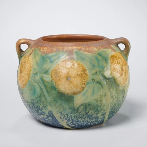 Roseville Sunflower Mauve Green Yellow Pot Handled Vase 5.5"dia