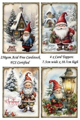 Vintage Christmas Gnomes Gnome Santa Hats Lantern 4 x Card Topper Craft Journal - image 1 of 2