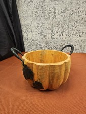 Rustic Wooden Pumpkin Bowl Metal Leaves Coil Handles Kitchen Farmhouse Pier One