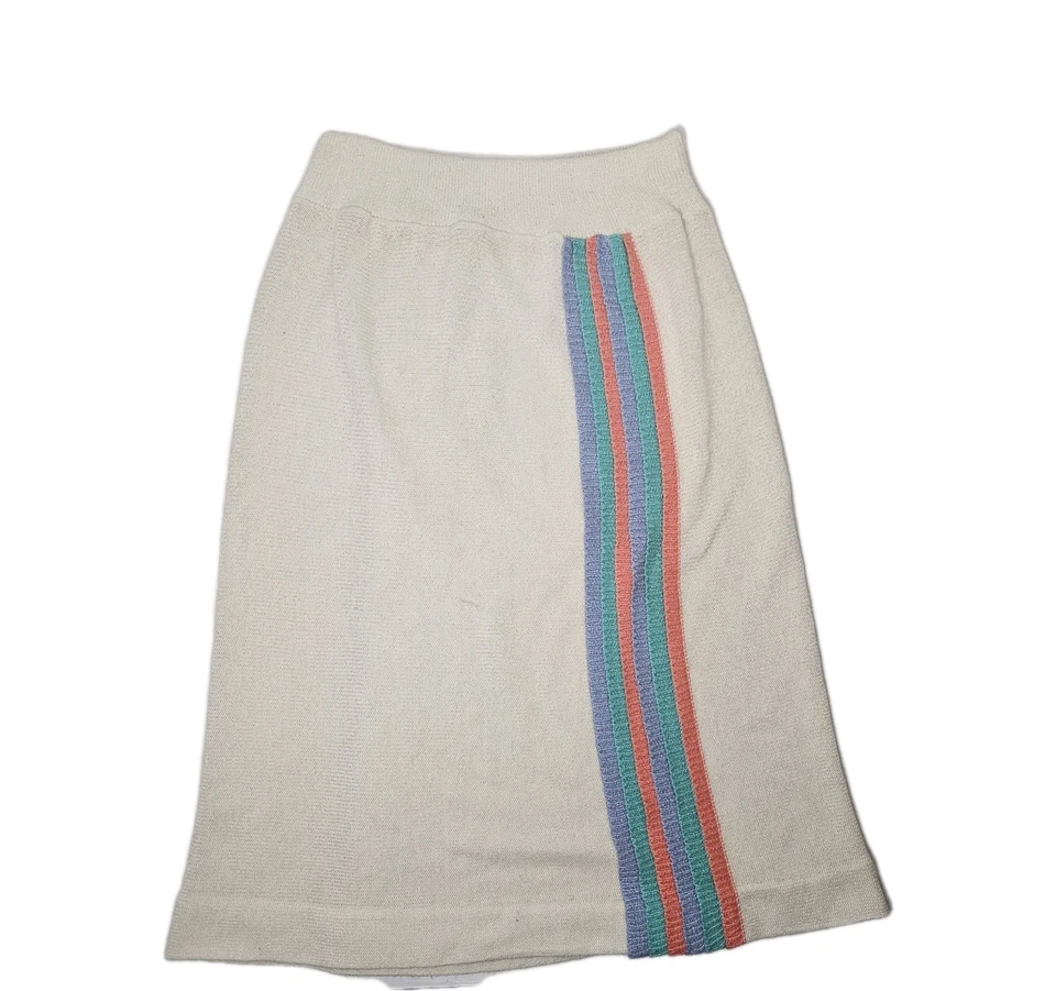 Saia suéter vintage anos 80 listrada arco-íris lápis de malha com elástico pequeno midi - Imagem 2 de 4