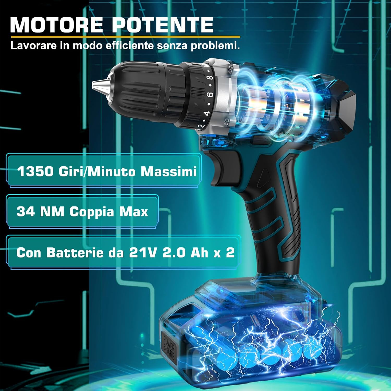 Trapano Avvitatore Batteria 21 V - Cassetta Attrezzi Completa 255 Pezzi con Avvi foto 4