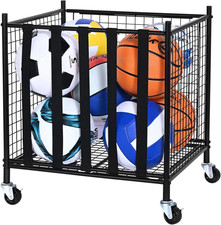 Rolling Sports Ball Storage Cart, Lockable Basketball Cage with Double Lids, Spo