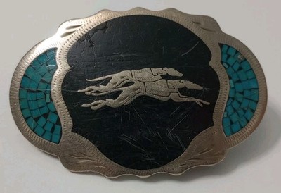 Vtg Johnson Held Greyhounds Turquoise Inlay Western Handcrafted Belt Buckle