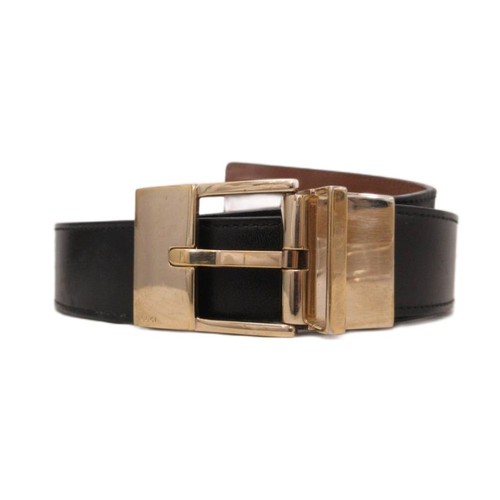 Used GUCCI Square Buckle Leather Belt Logo Engraved Black Gold Tone ■IBO100