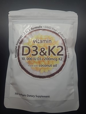 Vitamin D3 10000 iu Plus K2 (MK-7) 200 mcg, 300 Virgin Coconut Oil Softgels 2026