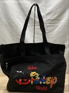 Vintage 90s Walt Disney World Black Cloth Tote Bag Embroidered Logo Zip Top