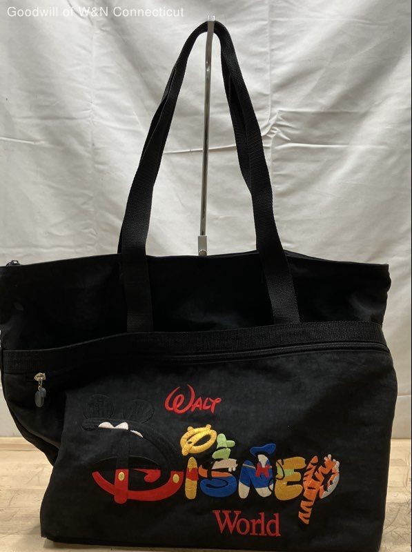 Vintage 90s Walt Disney World Black Cloth Tote Bag Embroidered Logo Zip Top