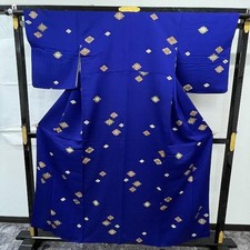 Fine Pattern Kimono All-Over Rhombus Blue Casual Japanese Silk Used