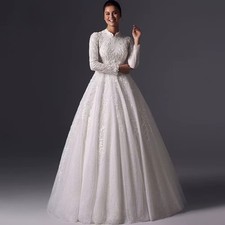 Elegant Muslim Wedding Dresses High Neck Long Sleeves Lace Applique Bridal Gowns