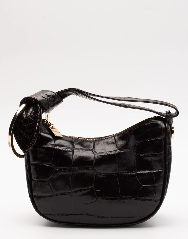 RRP€320 BORBONESE Leather Hobo Bag Logo Croc Embossed Ring Detail Zipped - Image 2 of 4