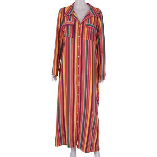 Frauen Hals Button Farbe Gestreifter Druck Maxi Kleid Laessige Lose 7379 - Bild 7 von 10