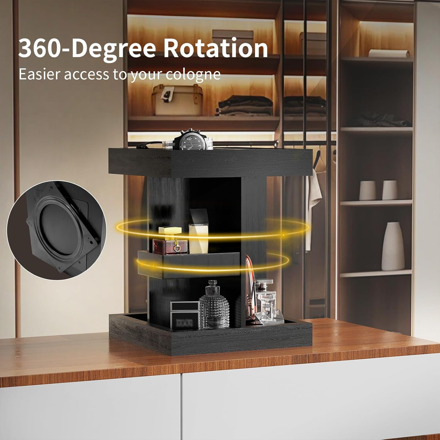 Wooden Cologne Organizer for Men: 3 Tier Perfume Display Stand with 360 Degree R