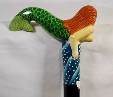 Hand Painted Mermaid Wooden Walking Stick Cane   Carved Art Staff