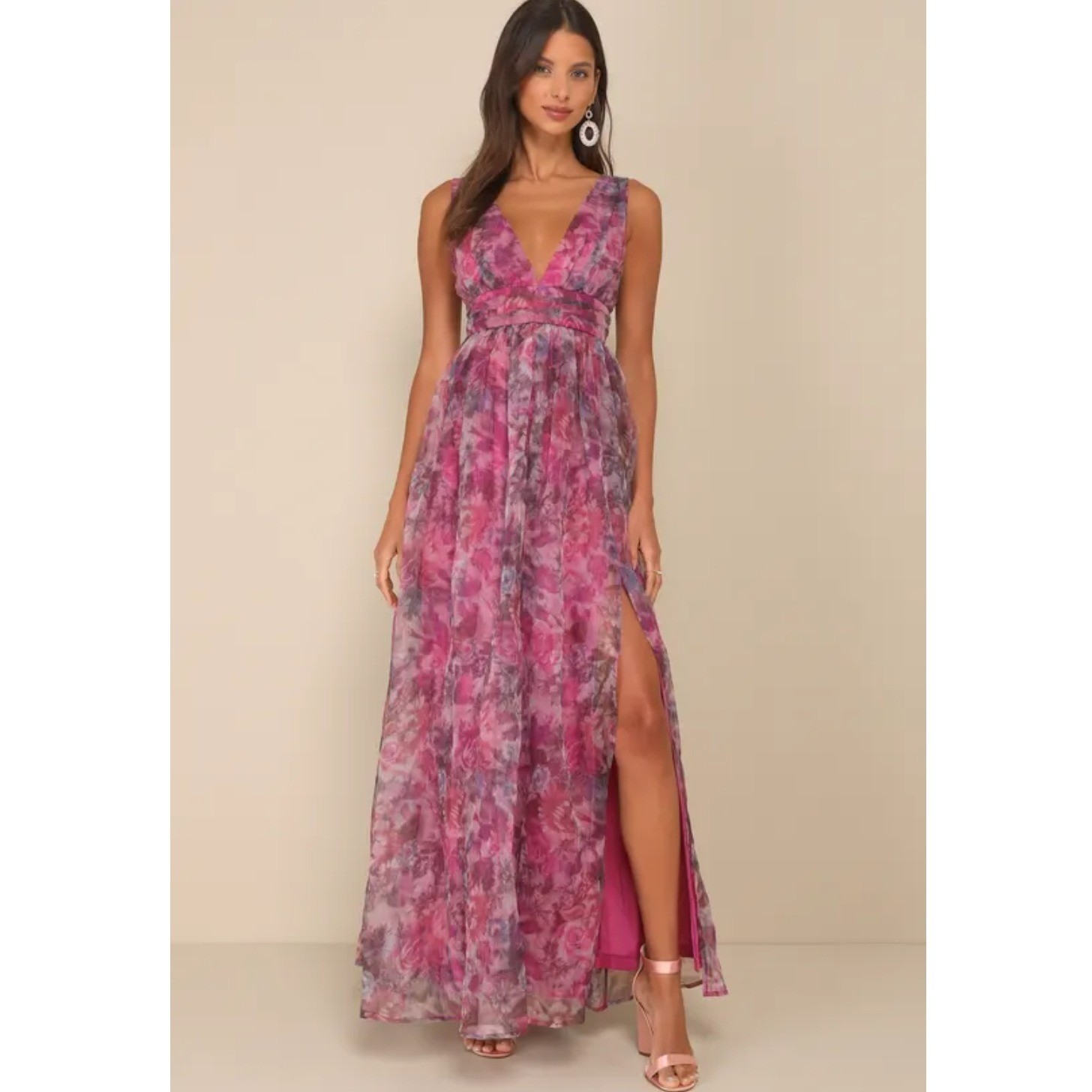Lulus Garden Romance Magenta Floral Print Organza V-Neck Side Slit Maxi Dress L