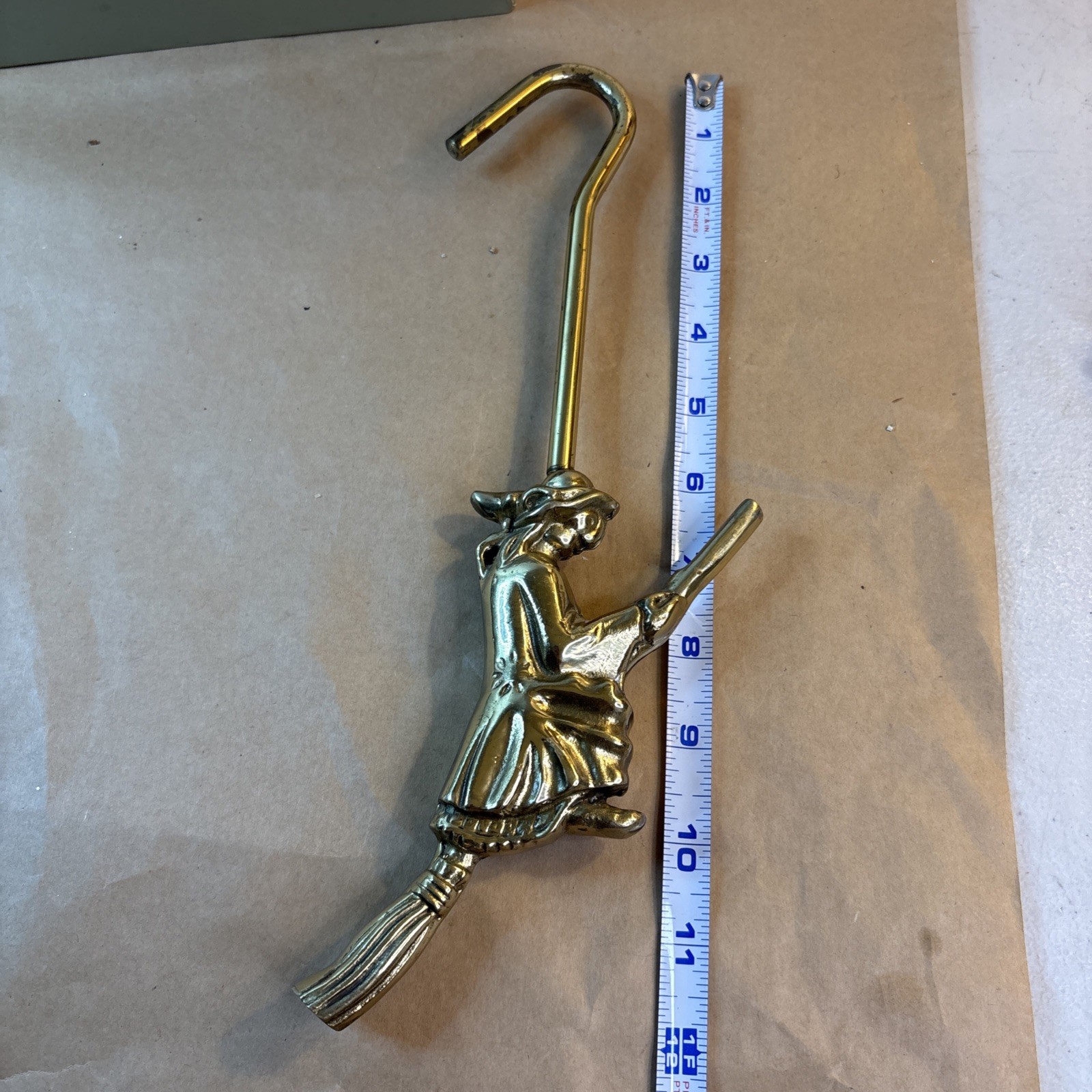 Vintage Brass Witch on Broomstick Fireplace Damper Hook 12” T