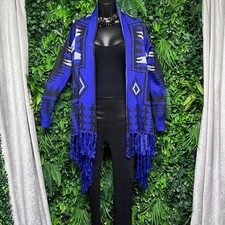 Southwestern Tribal Fringe Cardigan Medium Blue Metallic Open Front Boho 3601