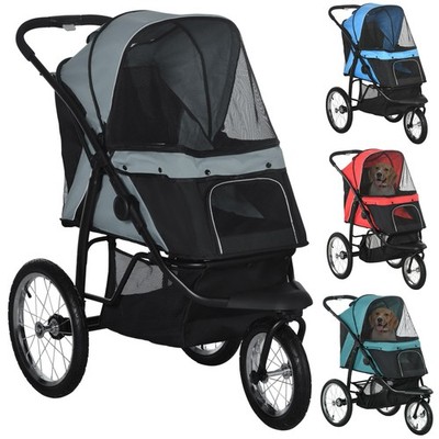 PawHut Pet Stroller for Small Dogs and Medium Dogs, Foldable Cat Pram, Dog Pushchair with Adjustable Canopy, 3 Big Wheels, Gray