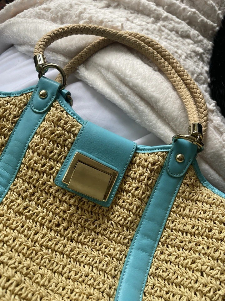 Bolso de Mano Talbots Paja con Borde de Cuero Azul Playa Vacaciones Viaje Foto 2 de 4