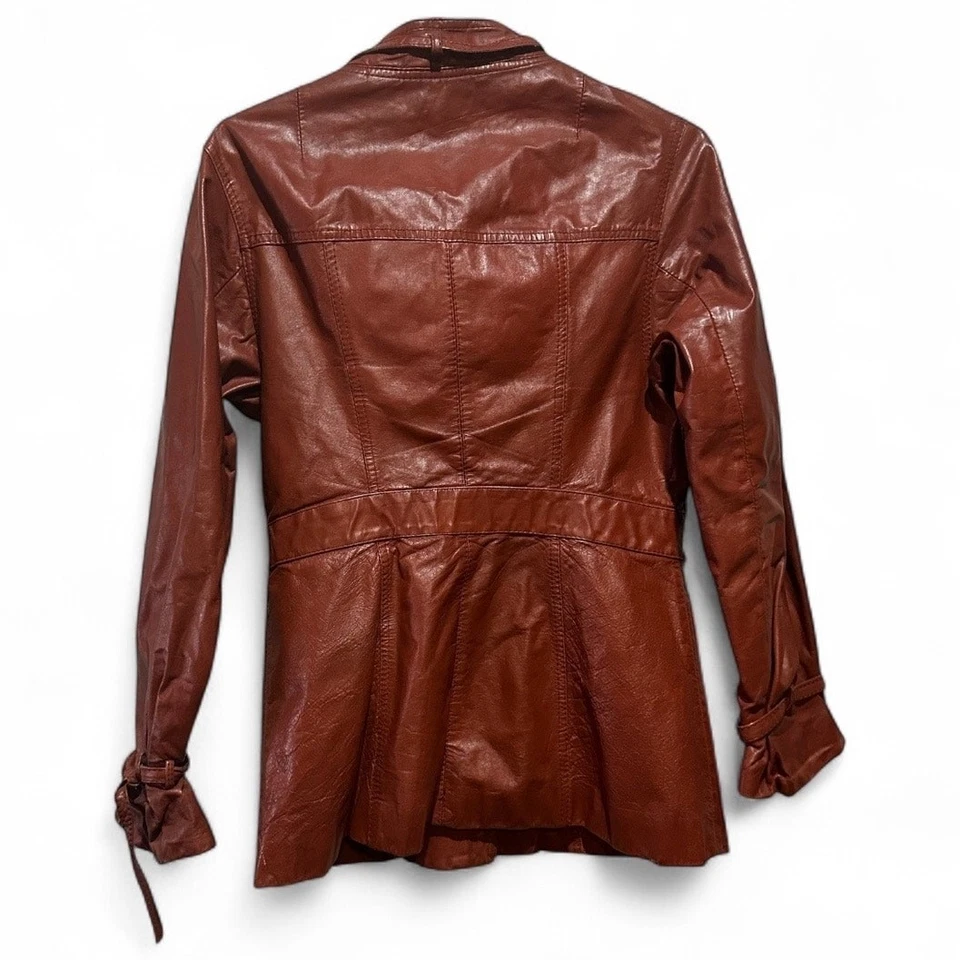 Chaqueta de cuero vintage informal con botones talla XS 70 marrón cereza para mujer Corea Foto 4 de 4