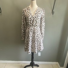 Express Women Leopard Print Long Sleeve V-Neck Mini Dress Small Smocked Cuff