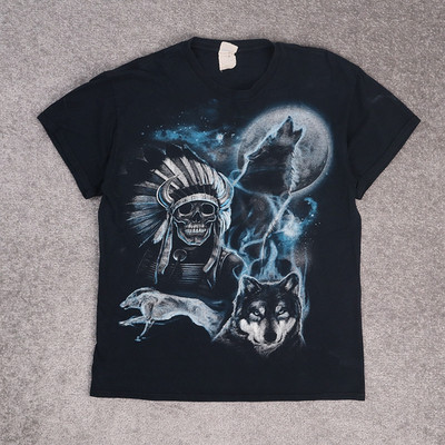 VTG 90s Native American Skull Wolves Moon Medium Black Short Sleeve T-Shirt