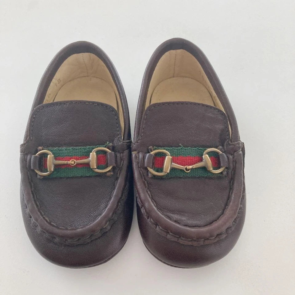 GUCCI Bebé Primeros Zapatos Mocasines Horsebit Web Rayas Cuero Marrón Talla 18 con Caja Foto 3 de 4