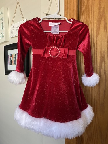 VESTIDO DE NAVIDAD BONNIE BABY 18 meses rojo brillante con BLANCO IMITACIÓN RECORTE de piel - Imagen 3 de 7