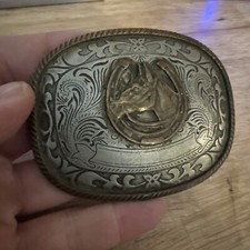 Vintage Cowboy Horse Belt Buckle Brass Rodeo Equine Ranch Yellowstone Broken