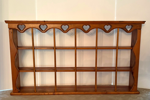 Vintage Knotty Pine 18 Tea Cup & Saucer Display 3 Tier Heart Hanging Wall Shelf