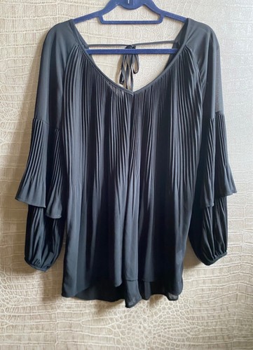 River island blouse swing pleated plisse long sleeve frill chiffon black uk 12 - Picture 16 of 24