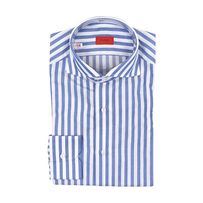 Isaia Napoli Weiß & Blau Handgenähte Gestreiftes Kleid Baumwollhemd 15 - 38