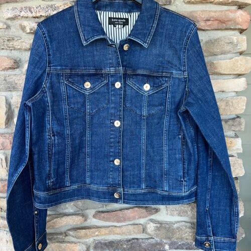 Kate Spade New York Classic Denim Jacket Indigo Blue Logo Buttons Large NWT