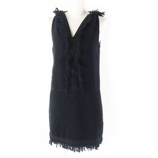 CHANEL 100% Cotton Pile Hoodie Sleeveless Dress Women 34 Black Matrasse fringe